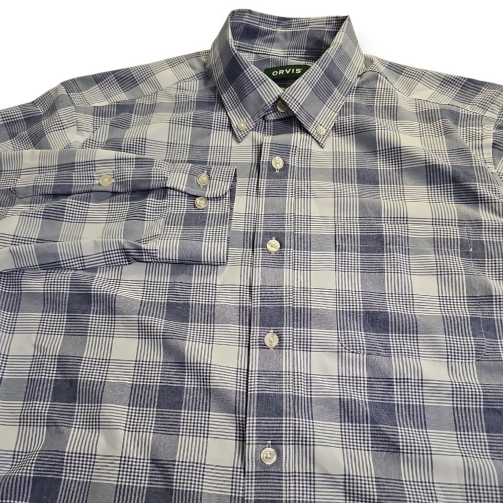 Orvis Active Fit Large Blue and White Plaid Long Sleeve Shirt Mens Outdoor, Fish